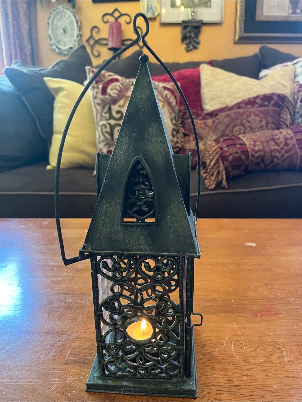 Decorative Green Metal and Glass Cathedral Style 12”H Lantern Filigree Detailing - Picture 8 of 15